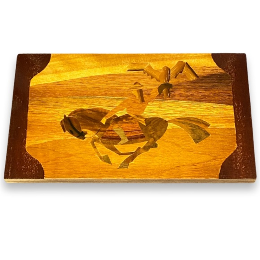 Vintage Russian Wall Hanging Inlaid Wood Plaque Golden Eagle‎ Horseman